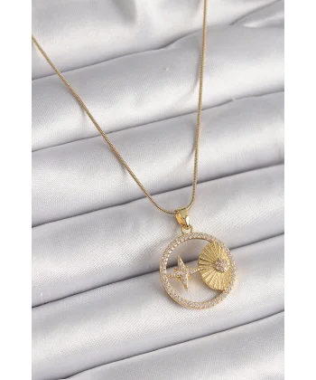 316L Çelik Gold Renk Zincir Zirkon Taşlı Yıldız İşleme Madalyon Model Kadın Kolye