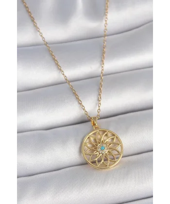 316L Çelik Gold Renk Zincr Mavi Taşlı Lotus Model Kadın Kolye