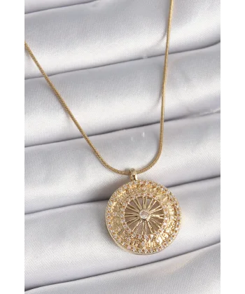 316L Çelik Gold Renk Zirkon Taşlı 12 Burç Madalyon Model Kadın Kolye