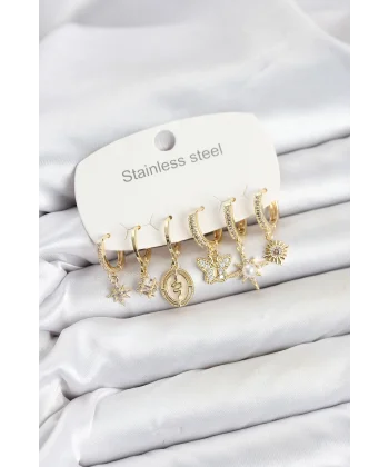 316L Çelik Gold Renk Zirkon Taşlı Charm Detaylı Kadın Küpe Seti