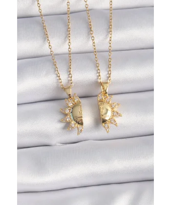 316L Çelik Gold Renk Zirkon Taşlı Güneş Model İşleme Yazı Detay Arkadaş Kolyesi