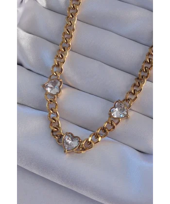 316L Çelik Gold Renk Zirkon Taşlı Kalp Model Zincir Kolye