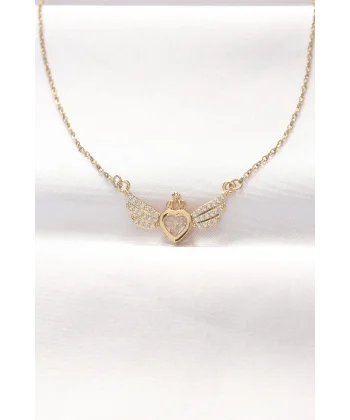 316L Çelik Gold Renk Zirkon Taşlı Kalpli Kanat Kolye