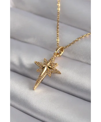316L Çelik Gold Renk Zirkon Taşlı Kutup Yıldızı Model Kadın Kolye