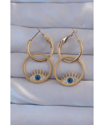 316L Çelik Gold Renk Zirkon Taşlı Mavi Göz Tasarımlı Halka Küpe