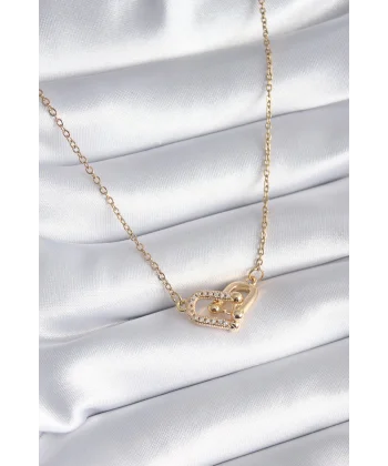 316L Çelik Gold Renk Zirkon Taşlı Model Kadın Kolye