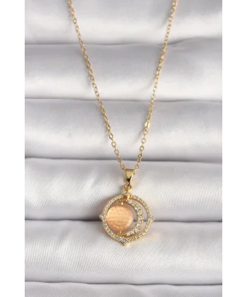 316L Çelik Gold Renk Zirkon Taşlı Turuncu Sedefli Hilal Model Kadın Kolye