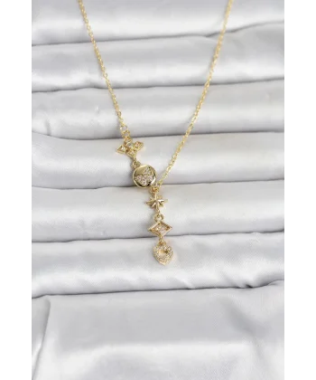 316L Çelik Gold Renk Zirkon Taşlı Y Kadın Kolye