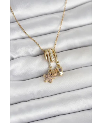 316L Çelik Gold Zirkon Taşlı Deniz Tema Charmlı Kadın Kolye