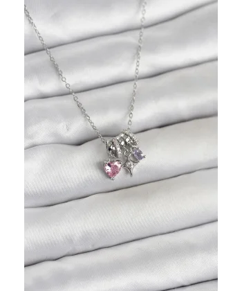316L Çelik Gümüş Pembe Zirkon Taşlı Charmlı Kadın Kolye