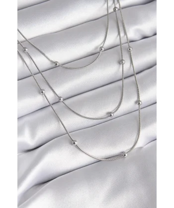 316L Çelik Gümüş Renk 3lü Topçuk Detay Kadın Kolye