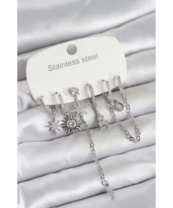 316L Çelik Gümüş Renk 6lı Set Charmlı Kadın Küpe