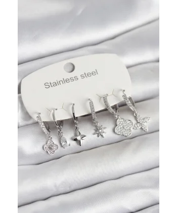 316L Çelik Gümüş Renk 6lı Set Yonca Model Kadın Küpe