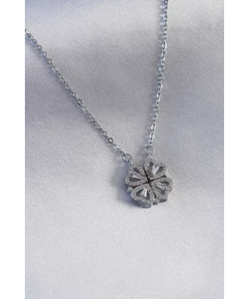 316L Çelik Gümüş Renk Açılır Yonca Model Kadın Kolye