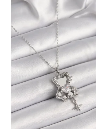 316L Çelik Gümüş Renk Ayna Ayıcık Model Zirkon Taşlı Kalp Detay Kadın Kolye