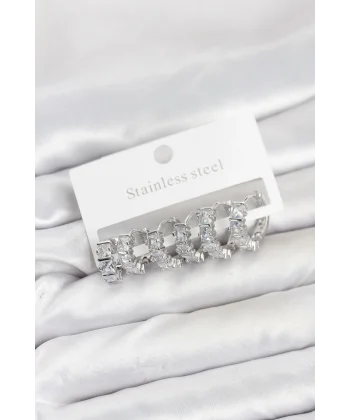 316L Çelik Gümüş Renk Baget Zirkon Taşlı Halka Küpe Seti