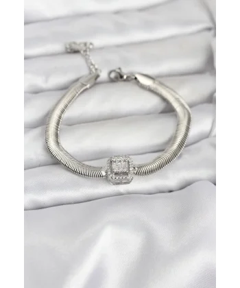 316L Çelik Gümüş Renk Baget Zirkon Taşlı Yılan Zincirli Kadın Bileklik