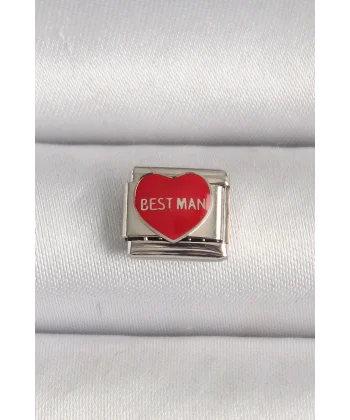 316L Çelik Gümüş Renk Best Man Yazılı Kırmızı Kalp İşlemeli Nomination Charm