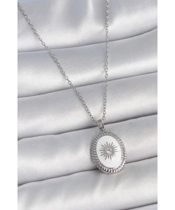 316L Çelik Gümüş Renk Beyaz Mineli Güneş İşlemeli Nazar Boncuk Detay Madalyon Model Kadın Kolye
