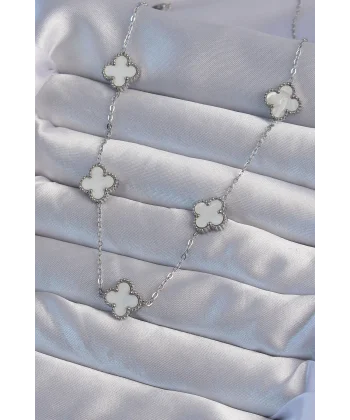 316L Çelik Gümüş Renk Beyaz Sedefli Yonca Kolye