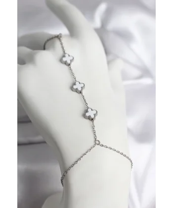 316L Çelik Gümüş Renk Beyaz Yonca Model Kadın Şahmeran