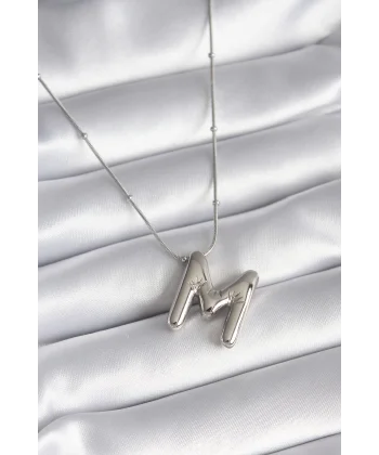 316L Çelik Gümüş Renk Bubble M Harf Model Kadın Kolye