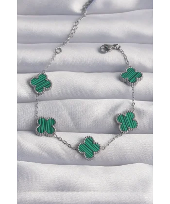 316L Çelik Gümüş Renk Çizgili Yeşil Mineli Yonca Bileklik