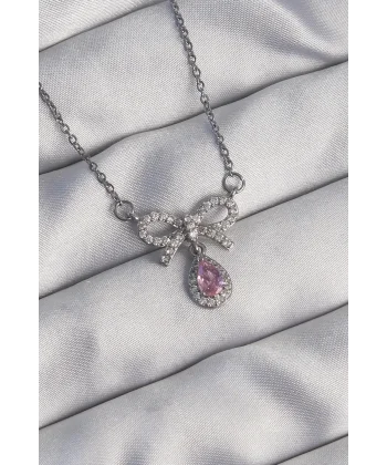 316L Çelik Gümüş Renk Fiyonk Detay Pembe Zirkon Taşlı Damla Kolye