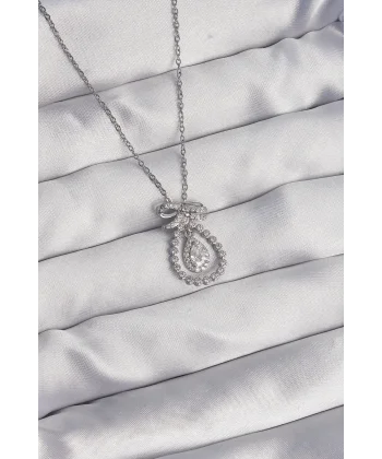 316L Çelik Gümüş Renk Fiyonk Detaylı Zirkon Taşlı Damla Model Kolye