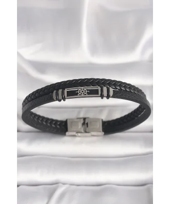 316L Çelik Gümüş Renk Gemi Dümeni Figür Siyah Burgu Deri Kordon Model Erkek Bileklik
