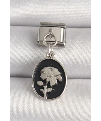 316L Çelik Gümüş Renk Gümüş Çiçek İşlemeli Siyah Portre Model Nomination Charm