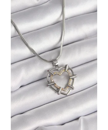 316L Çelik Gümüş Renk İtalyan Zincir Mix Renk Zirkon Taş Detay Kalp Model Kadın Kolye