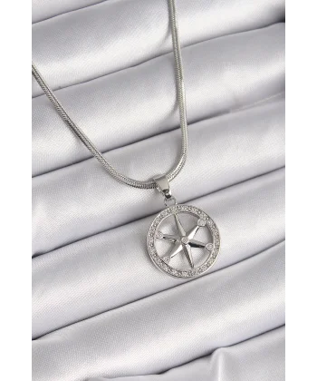 316L Çelik Gümüş Renk İtalyan Zincir Zirkon Taşlı Kutup Yıldız Model Kadın Kolye