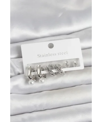 316L Çelik Gümüş Renk Kadın Küpe Seti