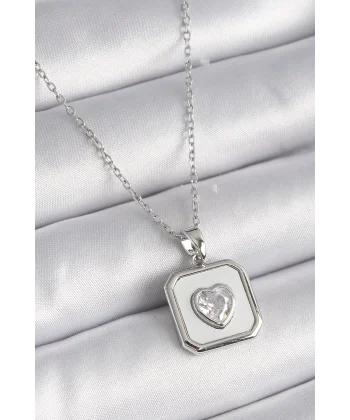 316L Çelik Gümüş Renk Kare Madalyon Kalp Zirkon Taş İşleme Kadın Kolye