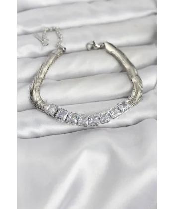 316L Çelik Gümüş Renk Kare Zirkon Taşlı Yılan Zincirli Kadın Bileklik