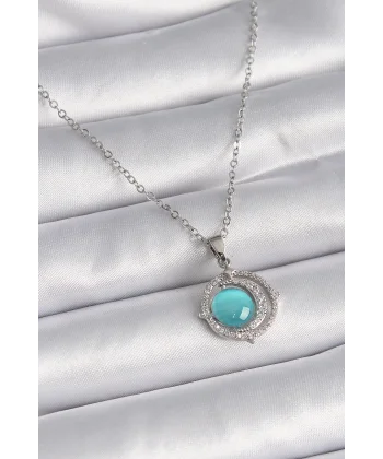 316L Çelik Gümüş Renk Mavi Sedefli Hilal Model Kadın Kolye