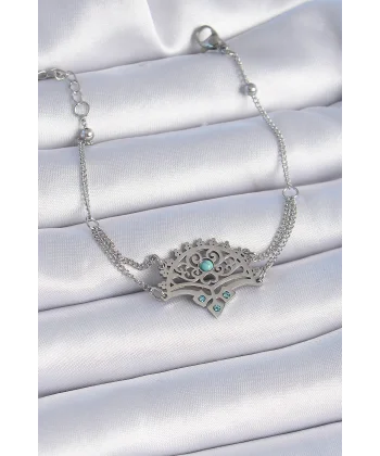 316L Çelik Gümüş Renk Mavi Taşlı Etnik Desen Kadın Bileklik