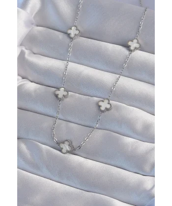 316L Çelik Gümüş Renk Minimal Beyaz Sedefli Yonca Kolye