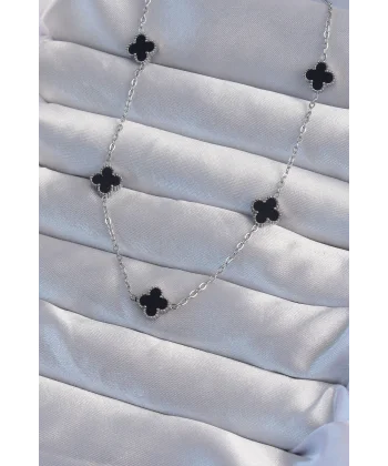 316L Çelik Gümüş Renk Minimal Siyah Mineli Yonca Kolye