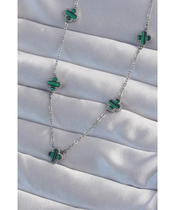 316L Çelik Gümüş Renk Minimal Yeşil Mineli Yonca Kolye