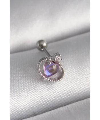 316L Çelik Gümüş Renk Mor Mineli Kalp Zirkon Taş Detay Tragus Piercing