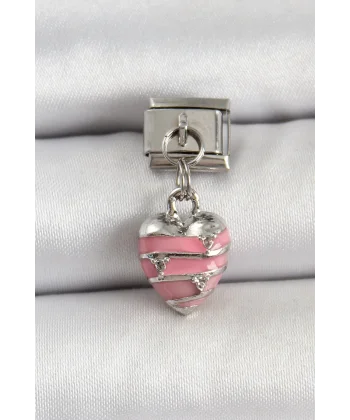 316L Çelik Gümüş Renk Pembe Kalp Model Nomination Charm