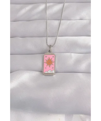 316L Çelik Gümüş Renk Pembe Mineli Güneş Model Tarot Kolye
