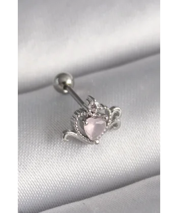 316L Çelik Gümüş Renk Pembe Mineli Kalp Zirkon Taş Detay Tragus Piercing
