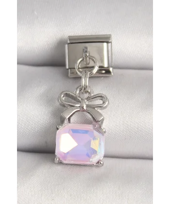 316L Çelik Gümüş Renk Pembe Zirkon Taşlı Çanta Model Nomination Charm
