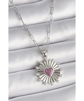 316L Çelik Gümüş Renk Pembe Zirkon Taşlı Kalp İşleme Madalyon Model Kadın Kolye