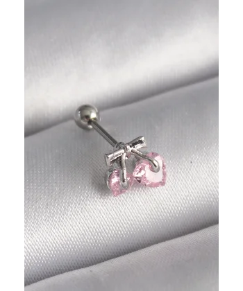 316L Çelik Gümüş Renk Pembe Zirkon Taşlı Kalp Tragus Piercing