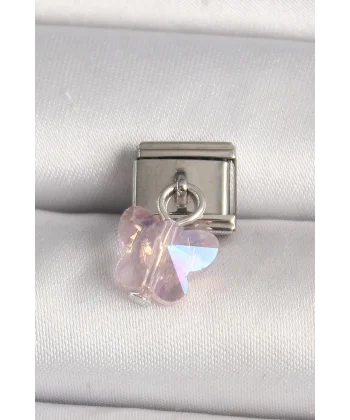 316L Çelik Gümüş Renk Pembe Zirkon Taşlı Kelebek Model Nomination Charm