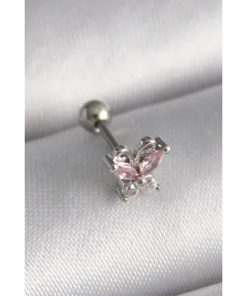 316L Çelik Gümüş Renk Pembe Zirkon Taşlı Kelebek Tragus Piercing